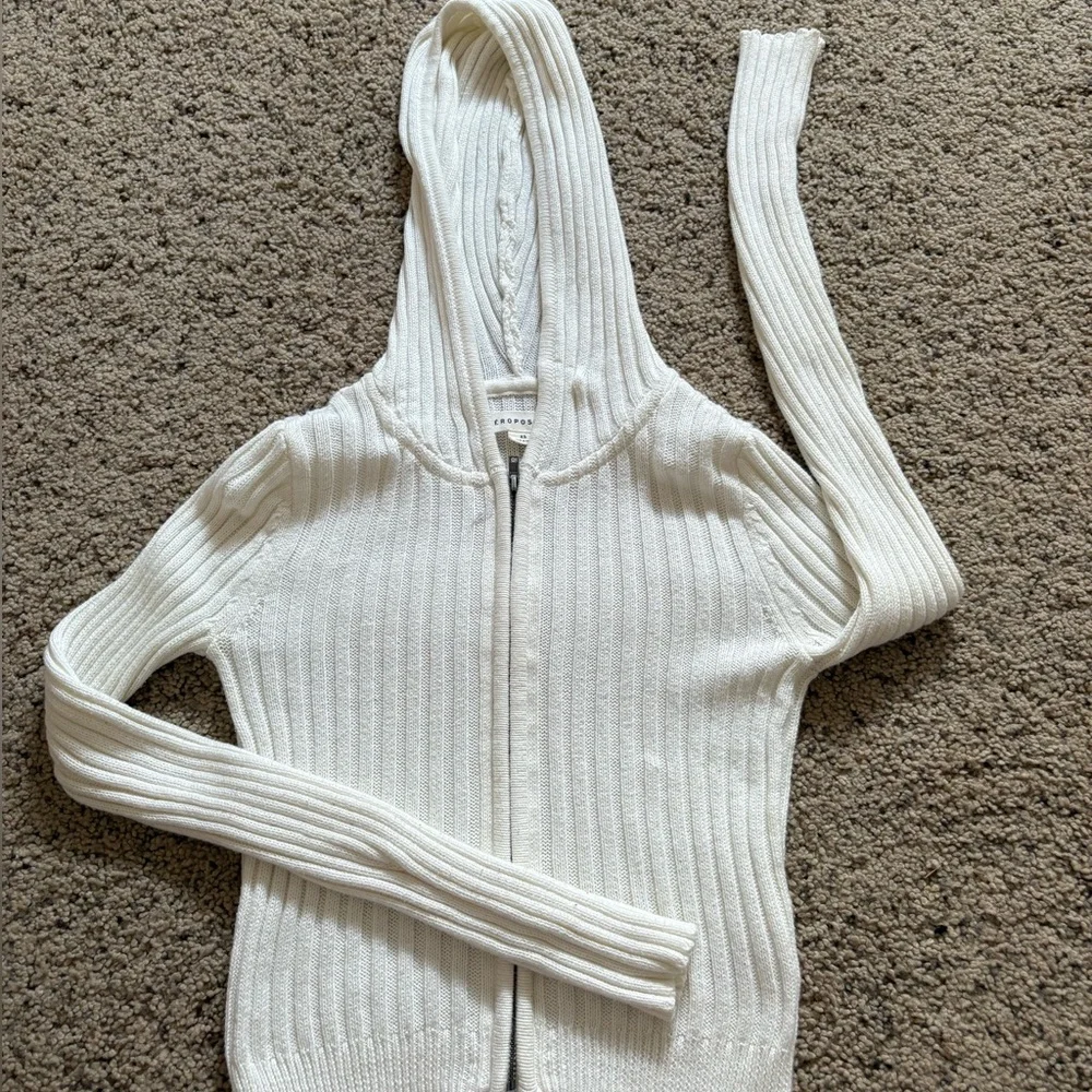Aeropostale White Ribbed Hooded Cardigan - Picture 1 of 3
